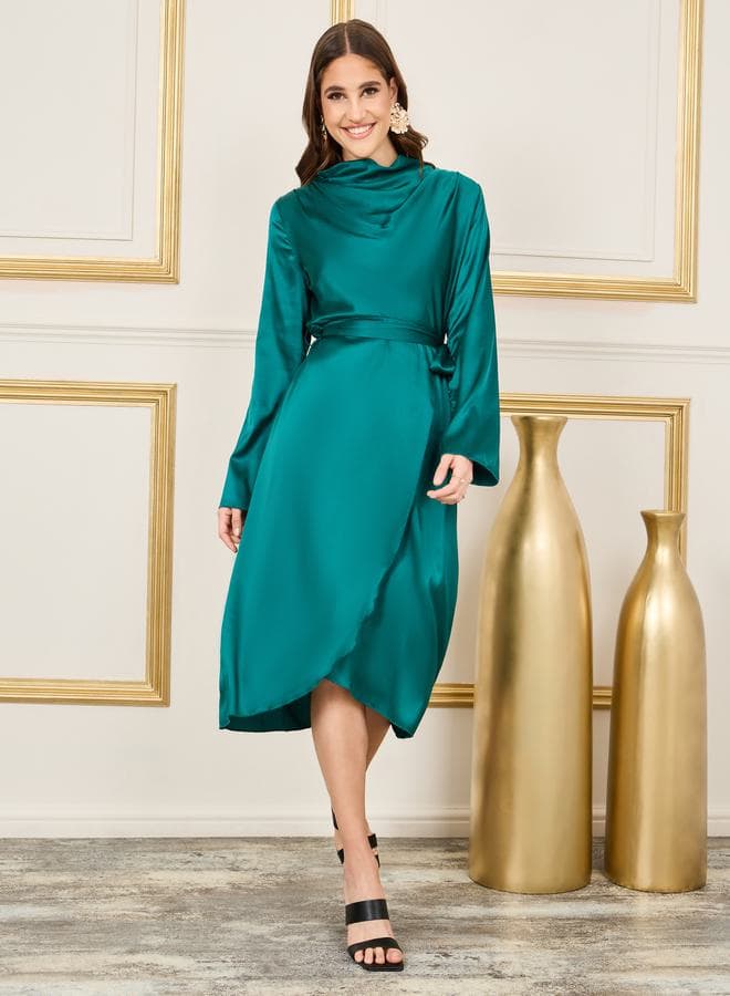 Styli Satin High Neck Self Tie A-Line Midi Dress - Image 1
