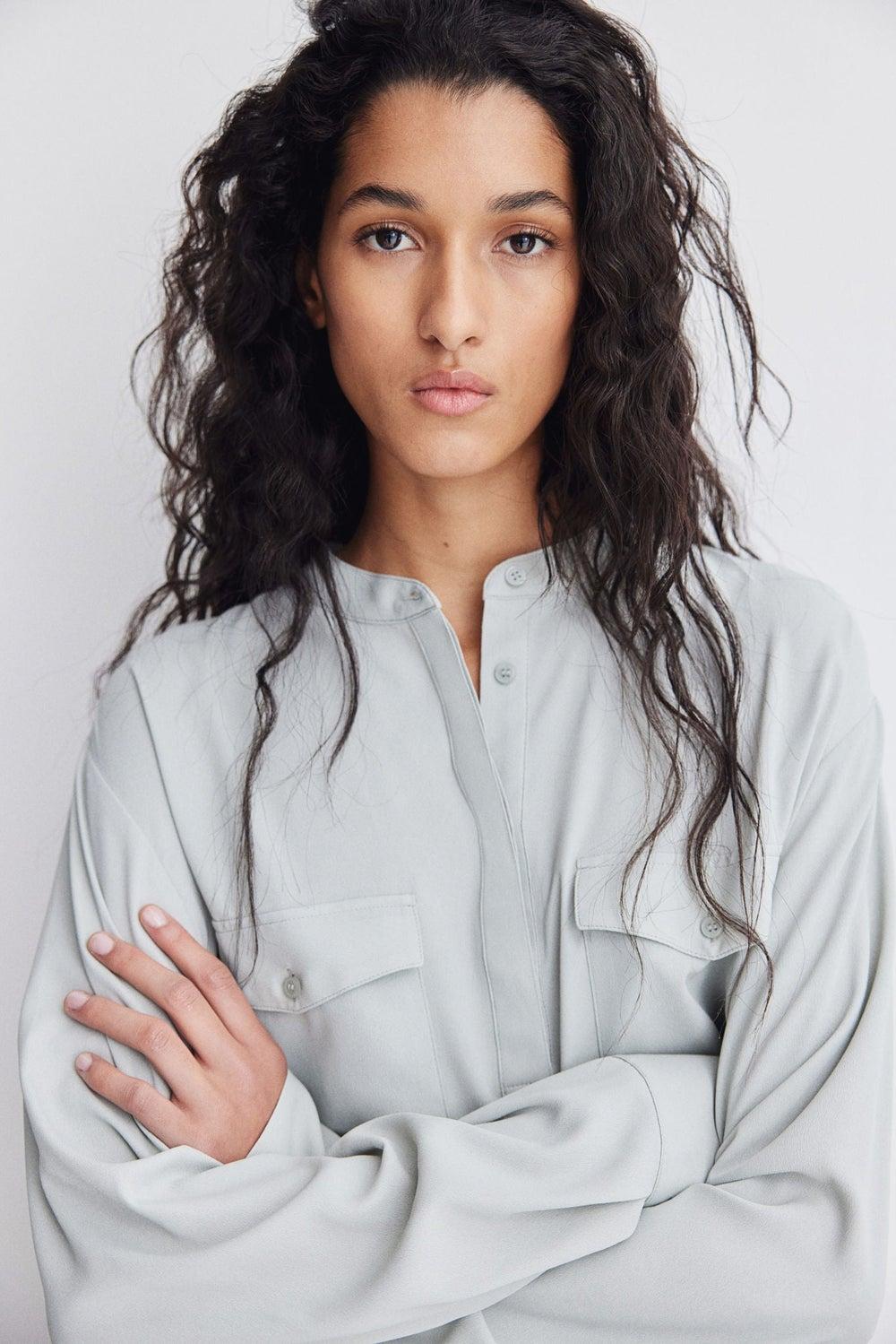 Band-Collar Crêpe Blouse with Chest Pockets - Image 1