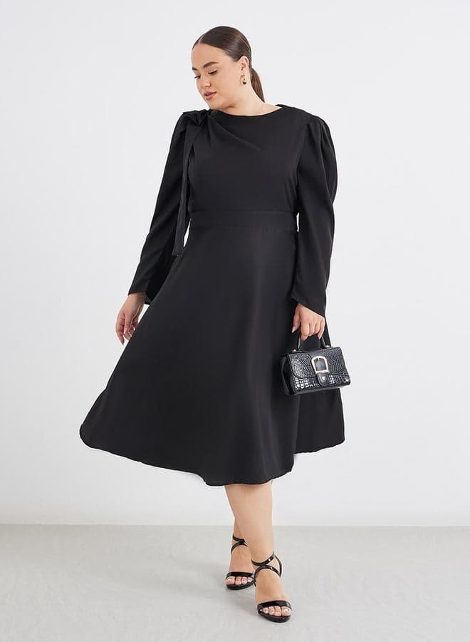 Plus Black Midi Dress with Shoulder Bow Detail - Image 1