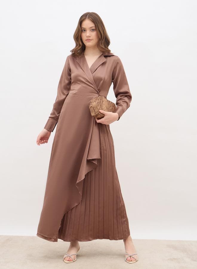 Plain Satin Pleated Wrap Maxi Dress with Notch Lapel - Image 1