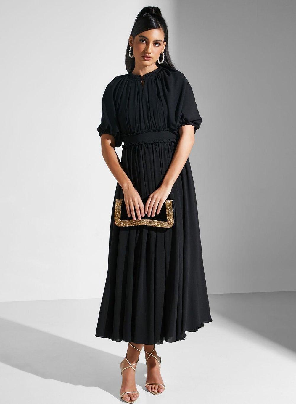Gathered Waist Black Midi Dress - Image 1