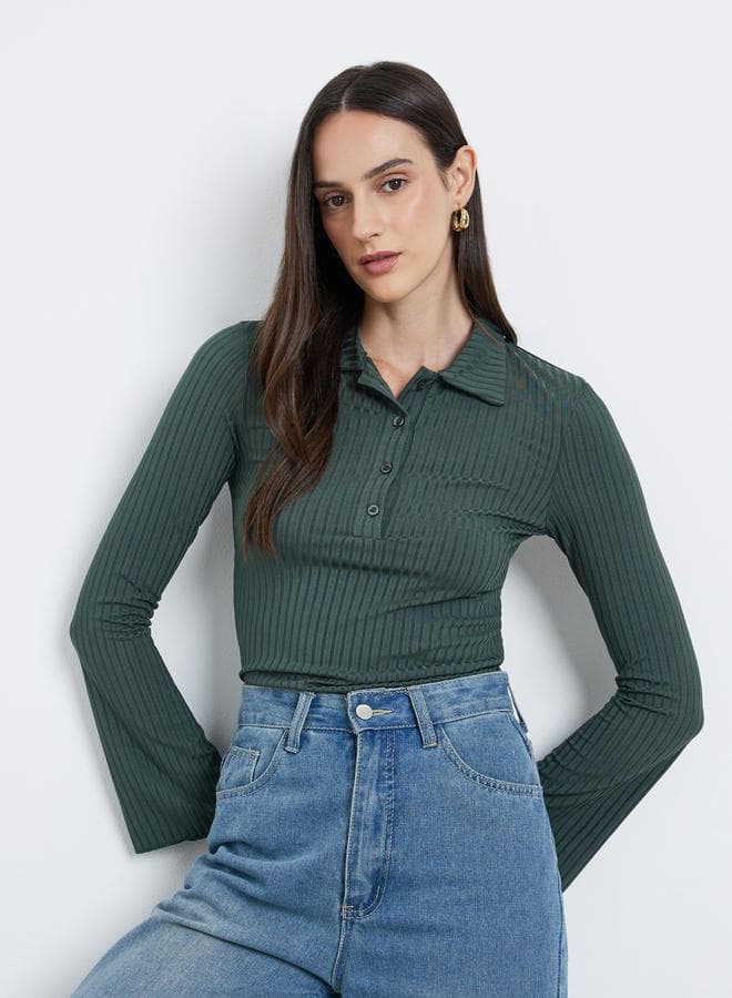 Fitted Ribbed Long Sleeve Polo T-Shirt - Image 1