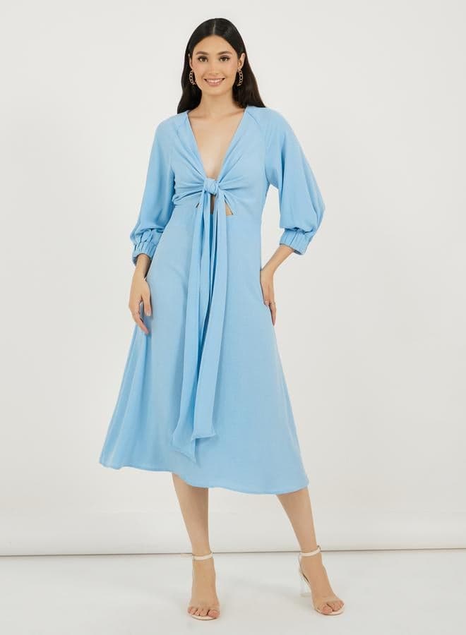 Light Blue Tie-Front Midi Dress - Image 1