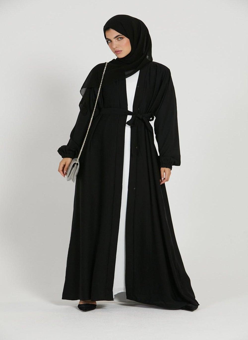 Elegant Black Abaya with Belt and Hijab AB62 - Image 1