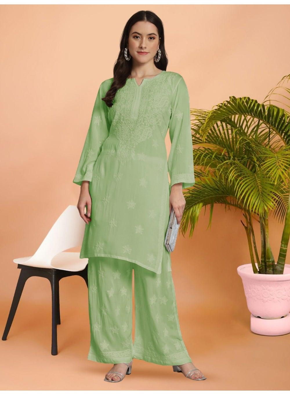 Women Hand Embroidered Lucknowi Chikankari Modal Kurta Set AL3662 - Image 1