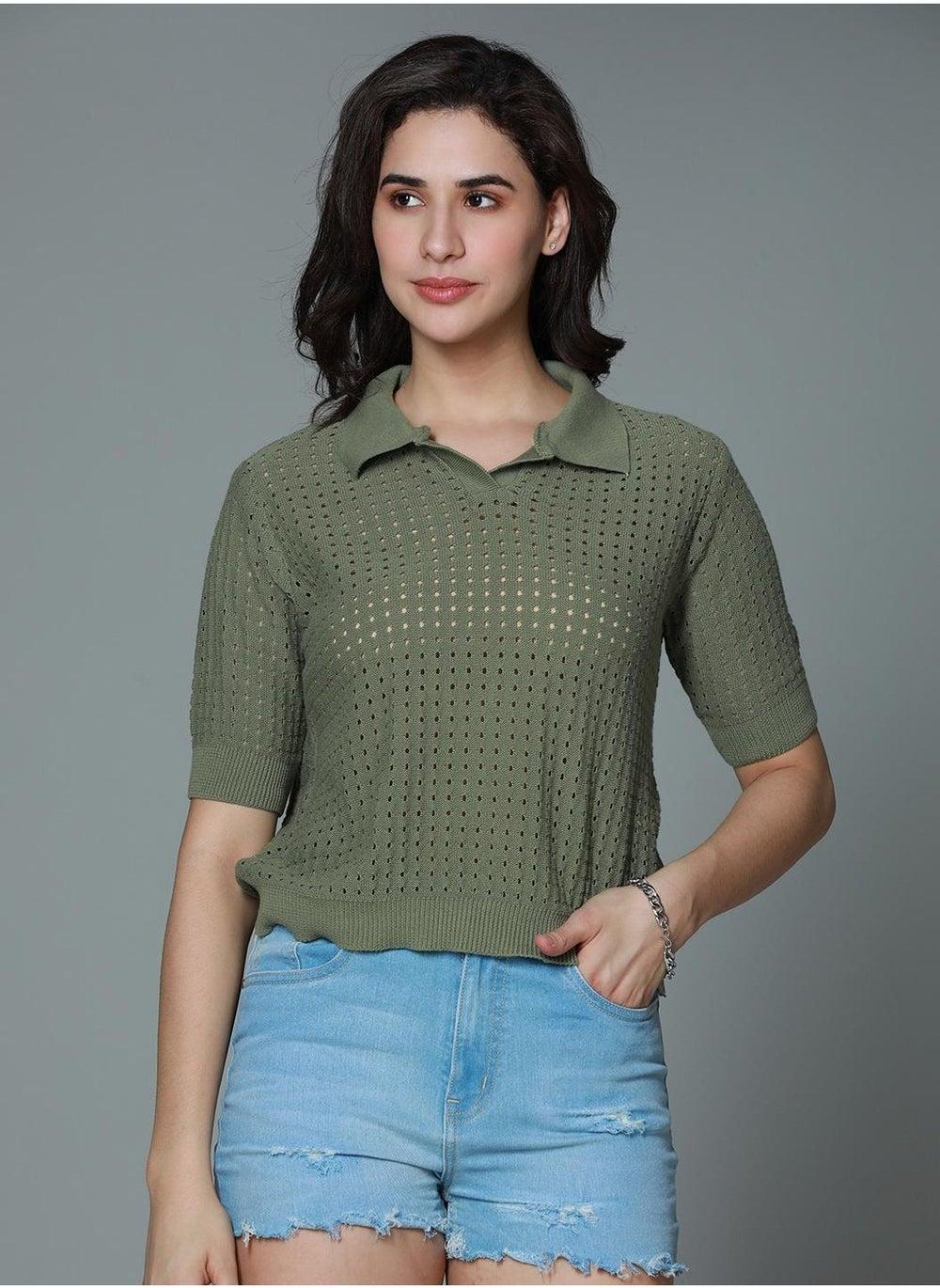 Green Crochet Polo Top with Spread Collar - Image 1