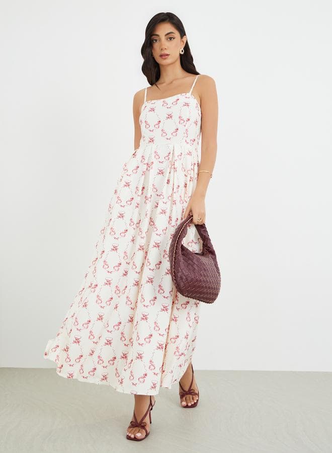Floral Print Pleated Strappy A-Line Maxi Dress - Image 1