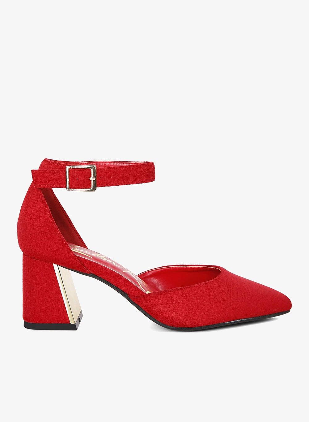 Red Metallic Accent Angle Heeled Sandals - Image 1