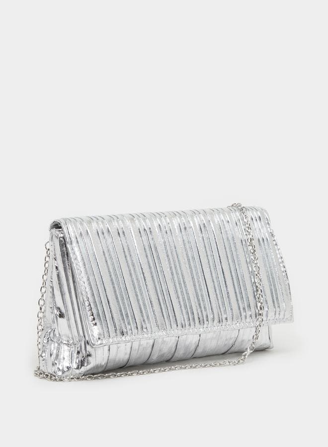 Metallic Pleated Clutch Bag with Chain Strap - Image 1