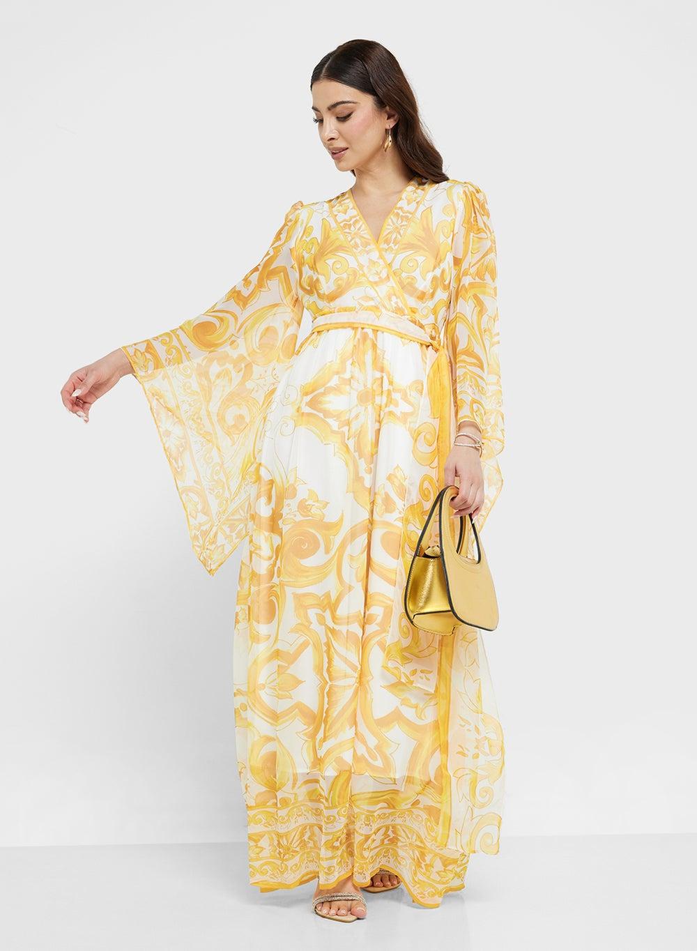 Yellow Floral Chiffon Wrap Maxi Dress - Image 1