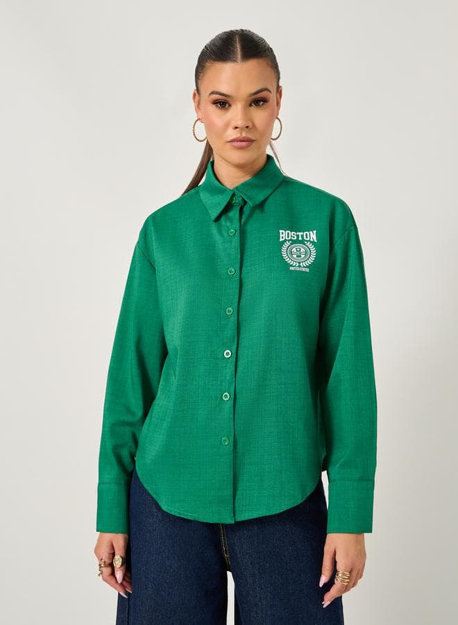 Graphic Print Chambray Loose Fit Shirt - Image 1