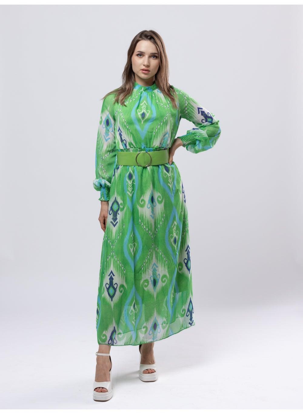 Green Printed Chiffon Belted Long Sleeve Maxi Dress - Image 1