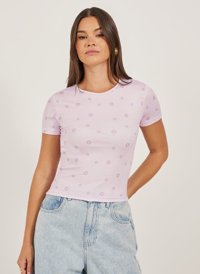 Ribbed Printed Fitted Round Neck T-Shirt - Image 1
