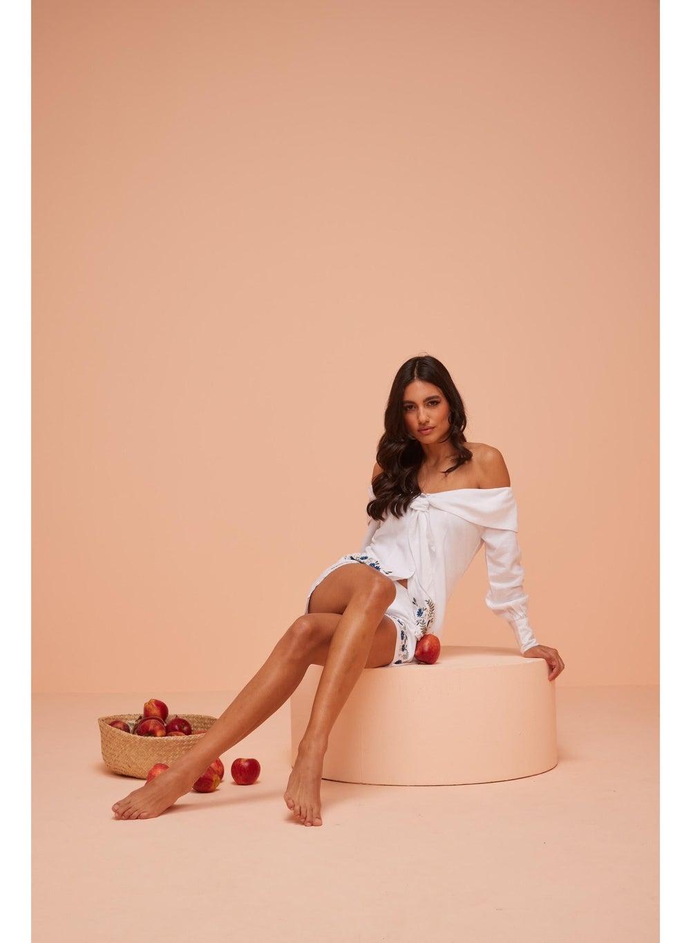 Floral Embroidered Off-Shoulder Linen Blend Top - Image 1