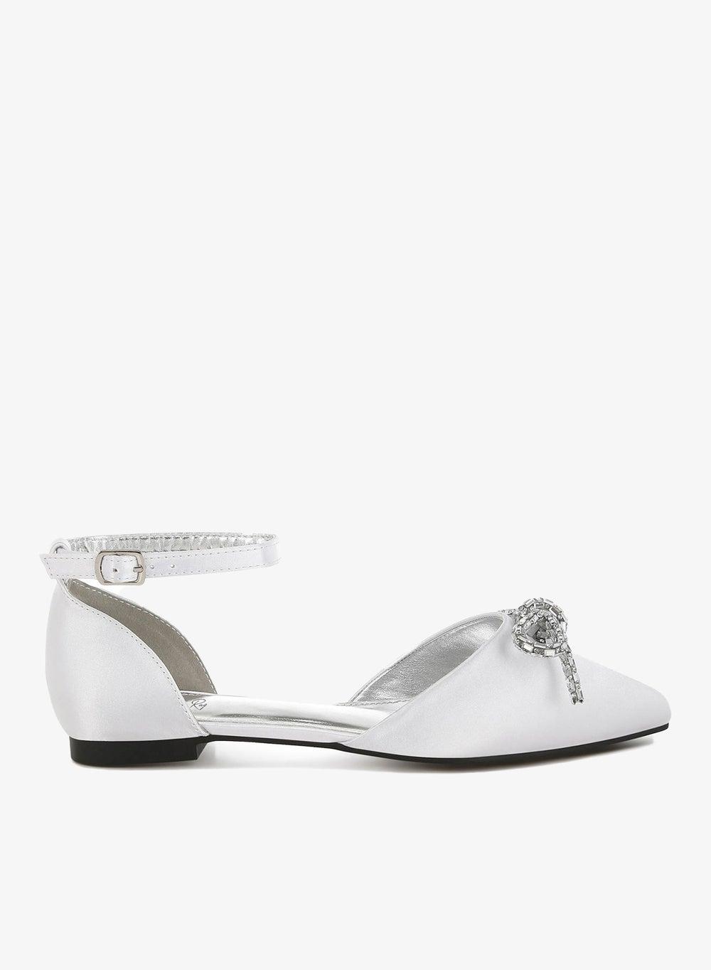 White Rhinestone Bow Flat Sandals with Detachable Laces - Image 1