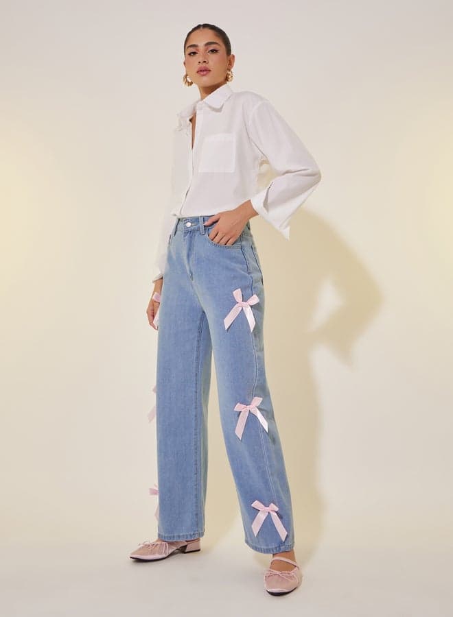 Mid Rise Wide Leg Jeans with Pink Bow Detail - Image 1