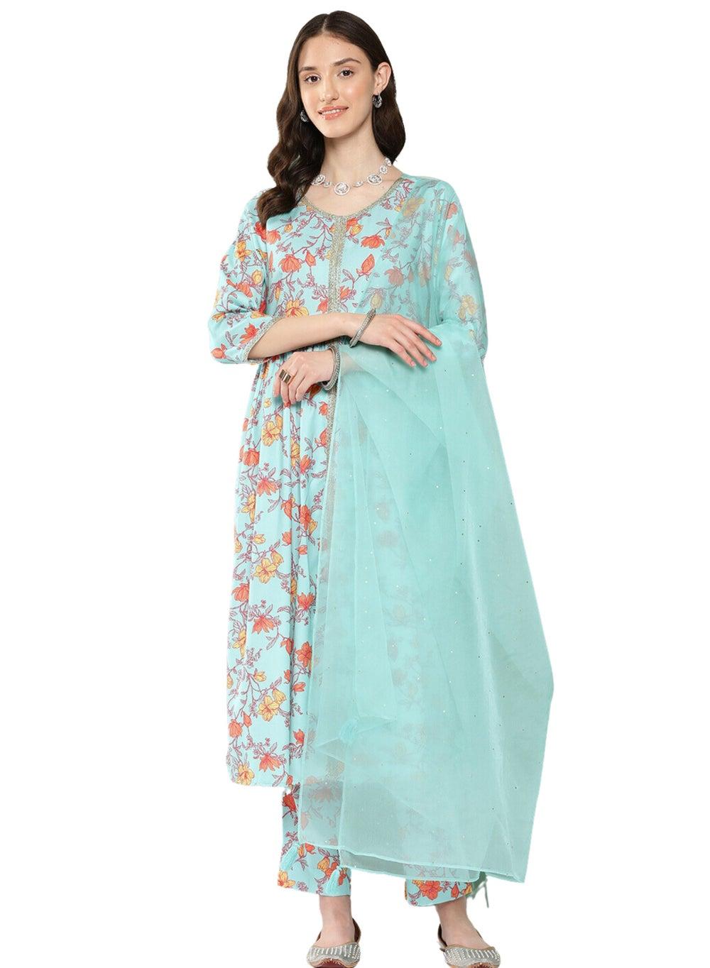 Aqua Blue Round Neck Kurta Pant Set With Dupatta - Image 1