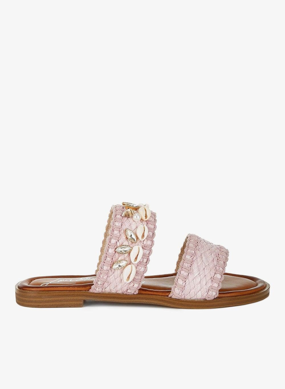 Shell & Diamante Pink Slip On Flat Sandals - Image 1