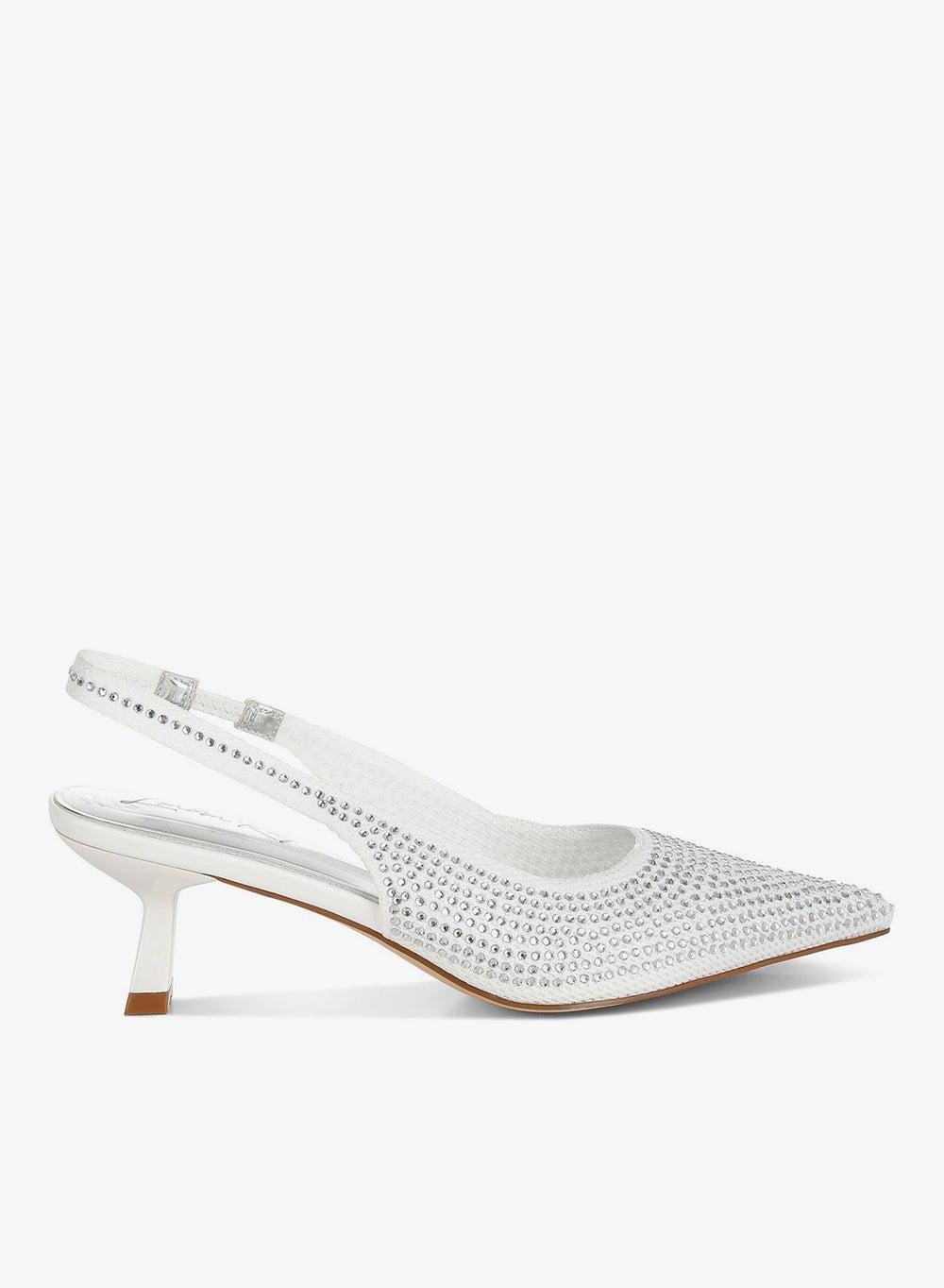 White Flyknit Rhinestone Slingback Kitten Heels - Image 1
