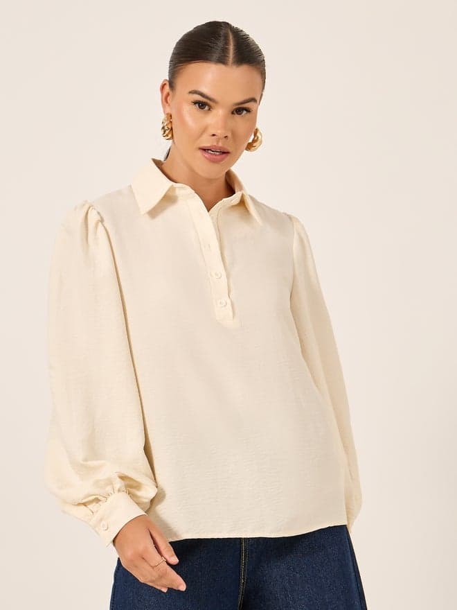 Styli Textured Balloon Sleeve Spread Collar Shirt - Image 1