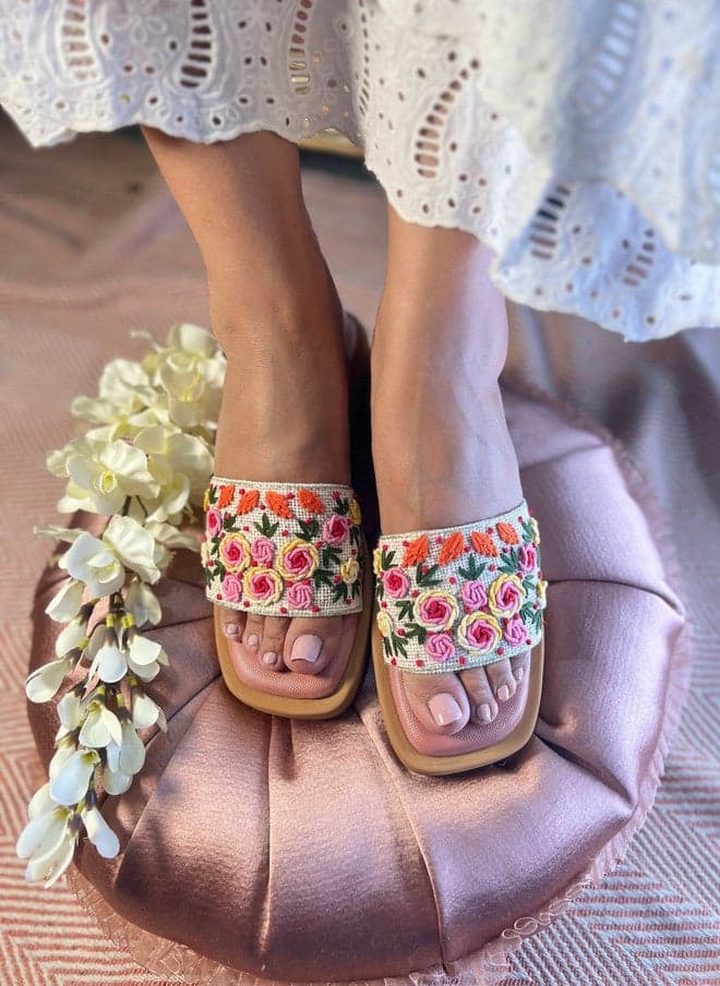 SANDAL STORIES Floral Embellished PU Block Sandals - Image 1
