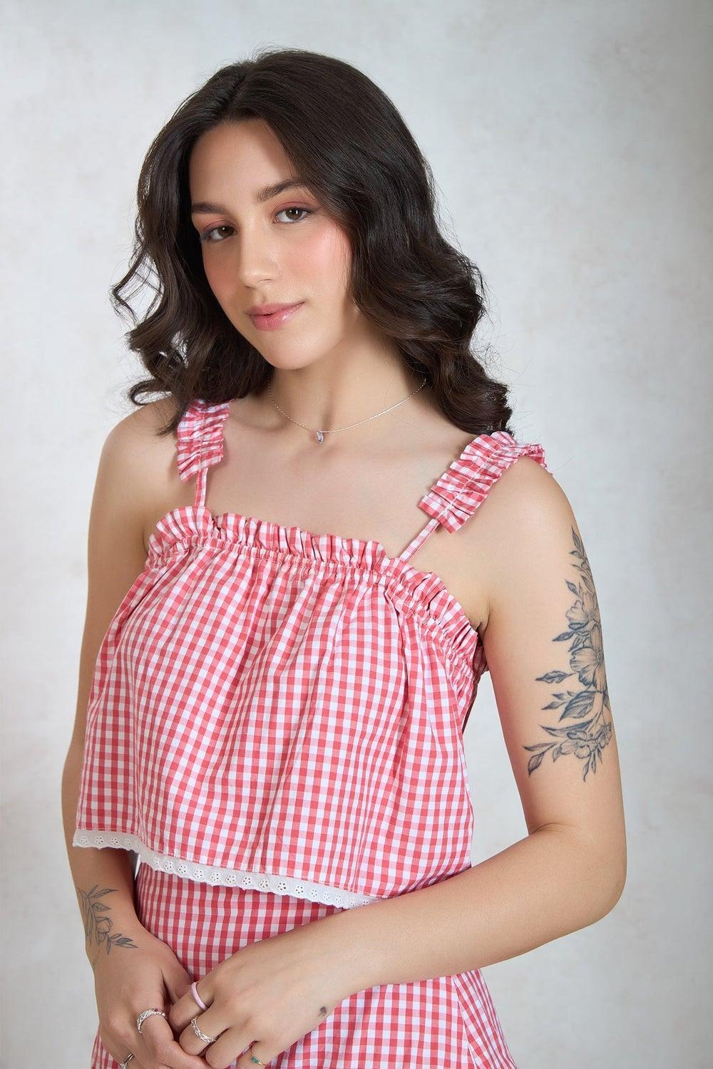 VIRGIO Cotton Gather & Lace Detail Crop Top - Image 1