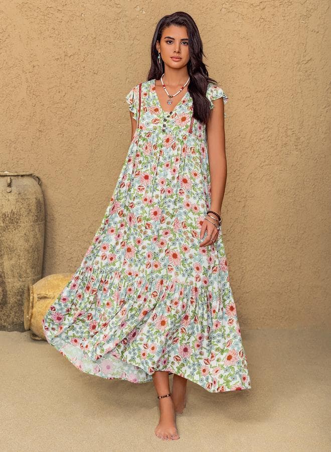 Women V Neck Floral Maxi Dress - Image 1