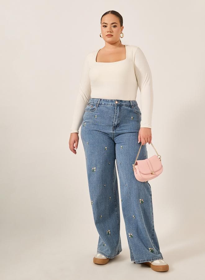 Plus Size High Rise Embroidered Wide Leg Jeans - Image 1