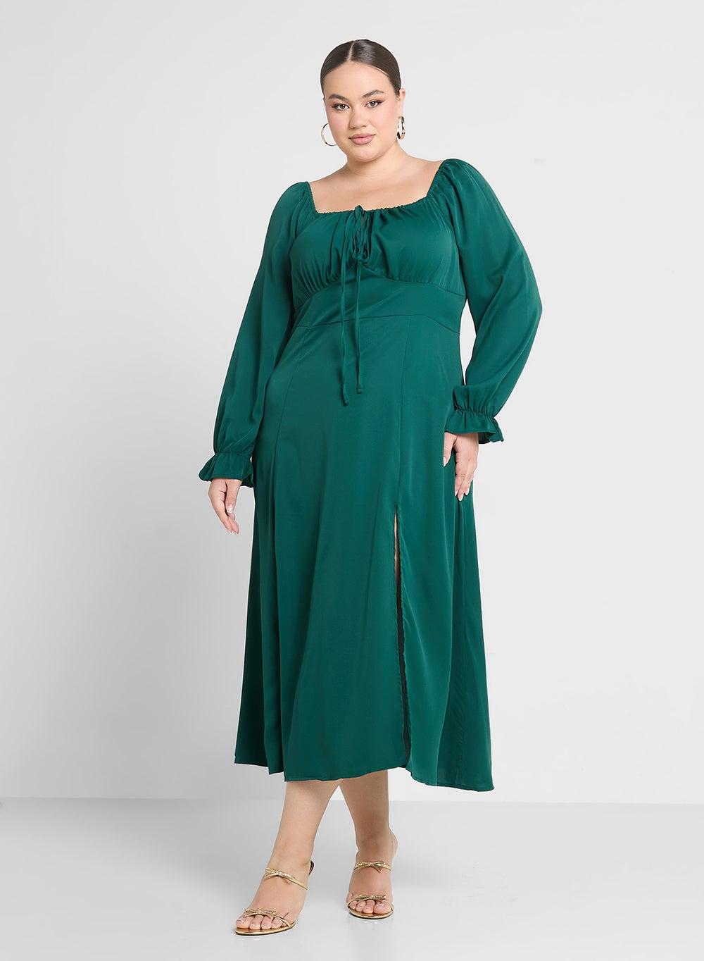 Ruched Bodice Long Sleeve Midi Dress with Tie Neckline - Image 1