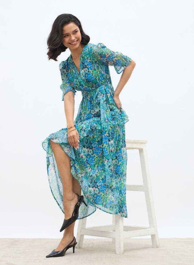 Floral Print Ruffle Trim Chiffon A-Line Maxi Dress - Image 1