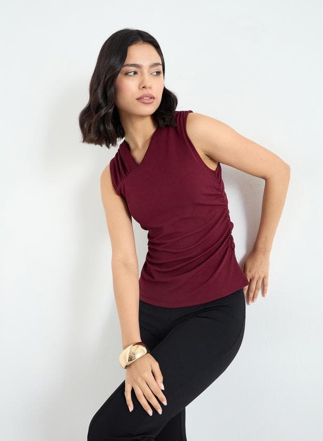 Women Burgundy Sleeveless Textured Knit Top - Image 1