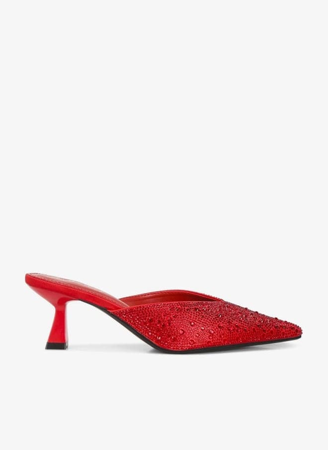 Red Satin Rhinestone Embellished Kitten Heel Mules - Image 1