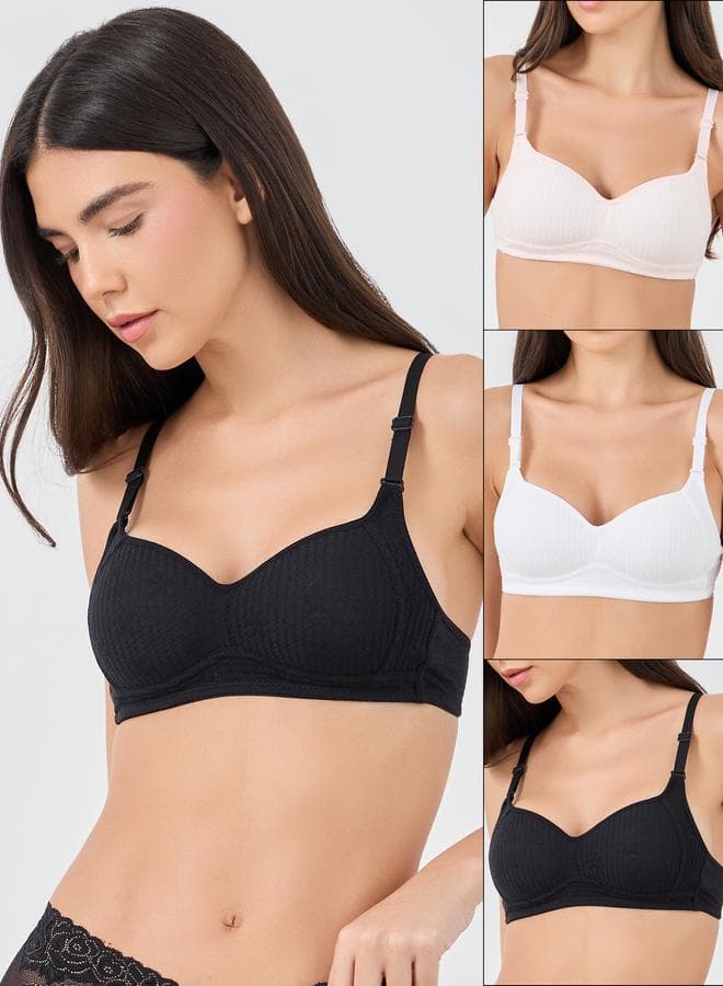 Pack of 3 Floral Jacquard Rib Padded Non-Wired T-Shirt Bra - Image 1