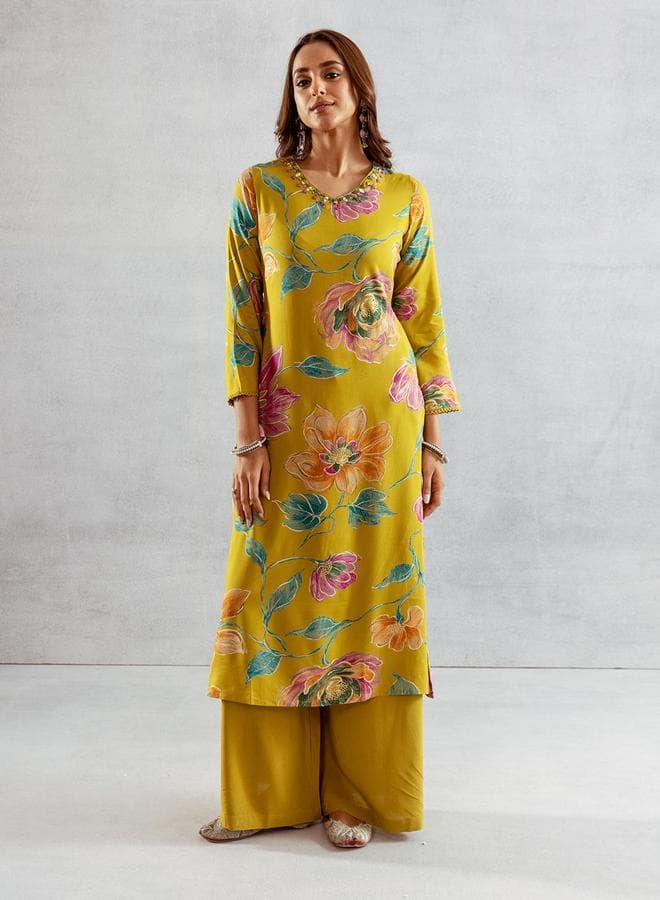 Women's Green Rayon Printed Straight Fit Kurta Set - Image 1