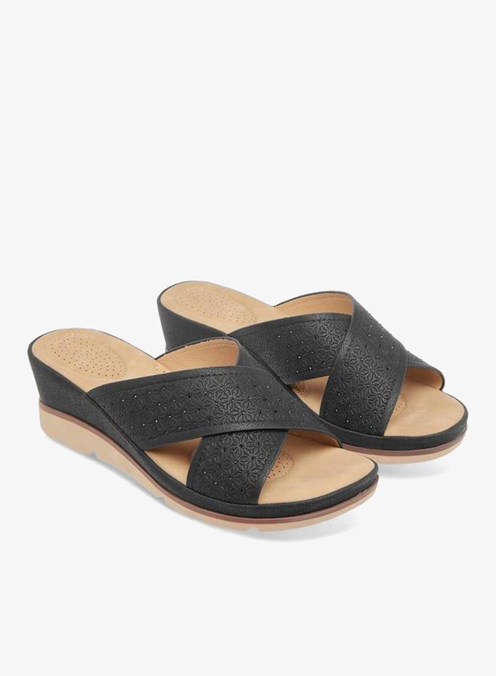 Women Floral Textured Slip-On Wedge Sandals - Image 1