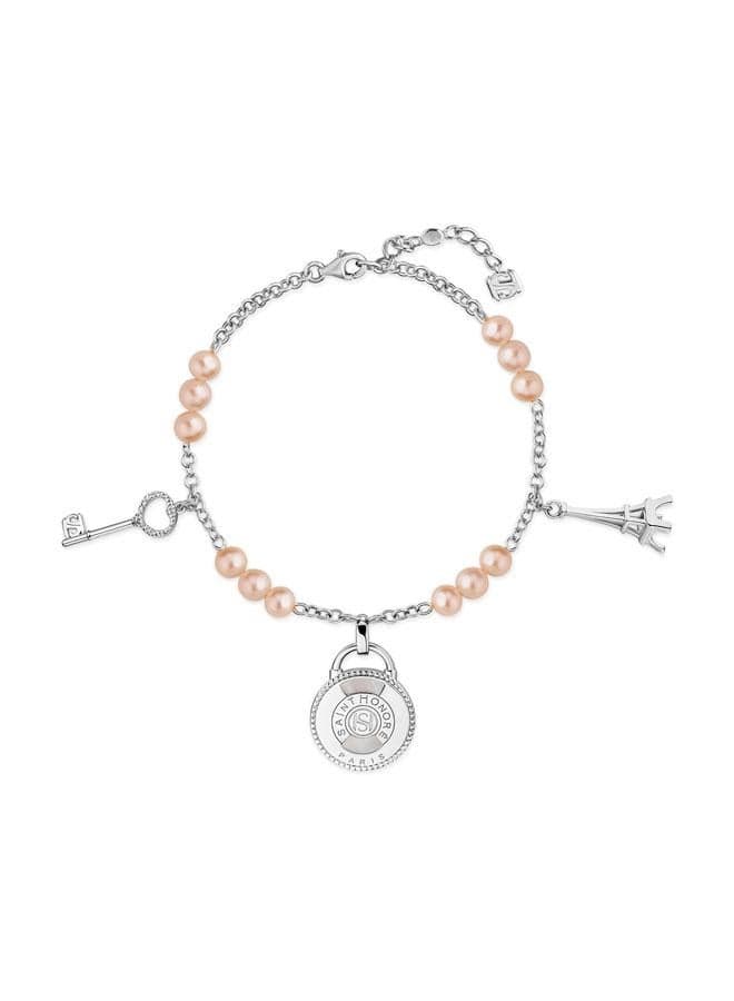 Zoe Silver Bracelet with Pink Pearls and Hanging Charm - Image 1