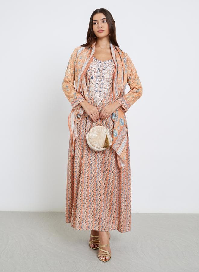 Floral Print Lace Insert Maxi Jalabiya - Image 1