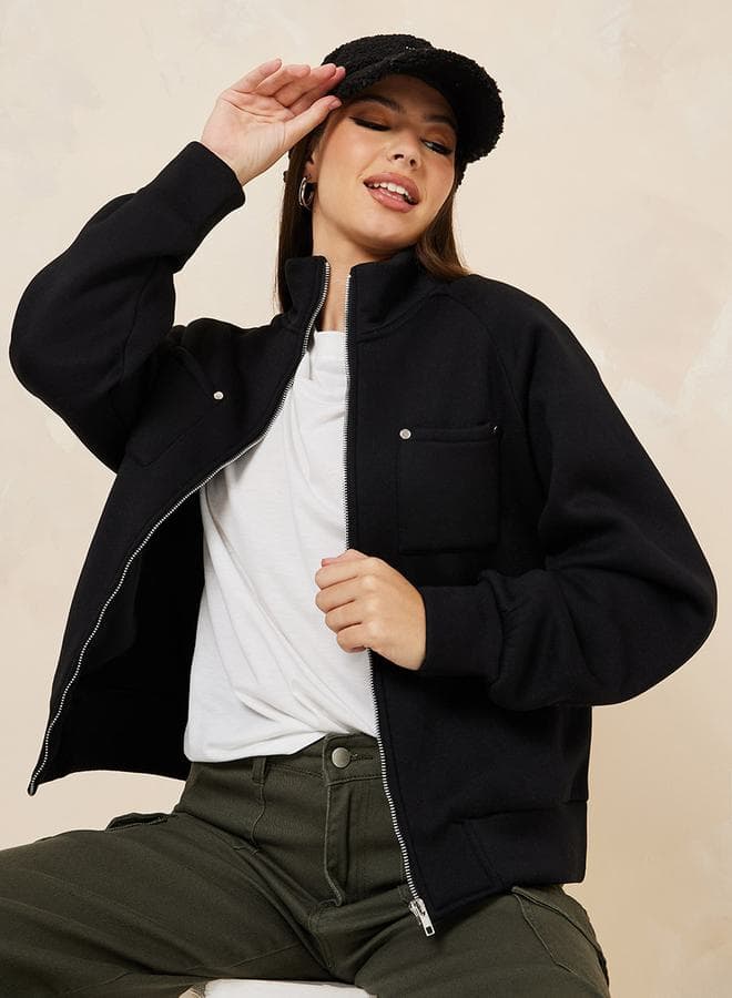 Oversized High Neck Button Detail Bomber Jacket - Image 1
