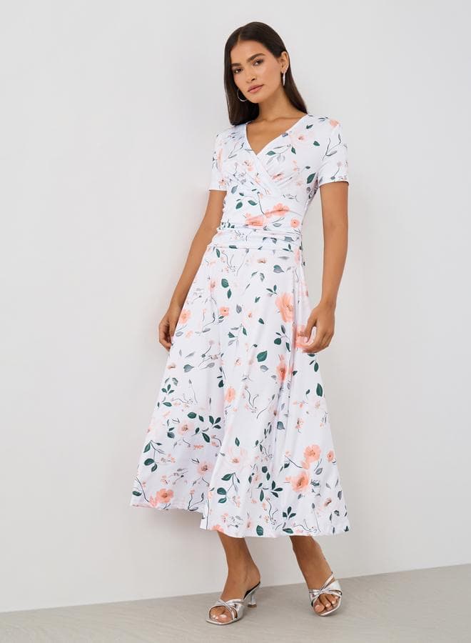 Floral Print Midi Dress in White - Image 1