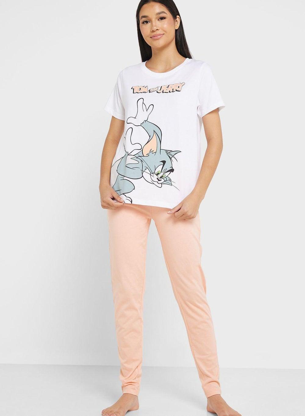 Crew Neck Graphic T-Shirt and Pyjama Set - Image 1
