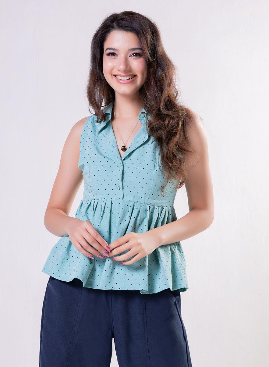 Blue Halter Neck Peplum Bodysuit Top - Image 1