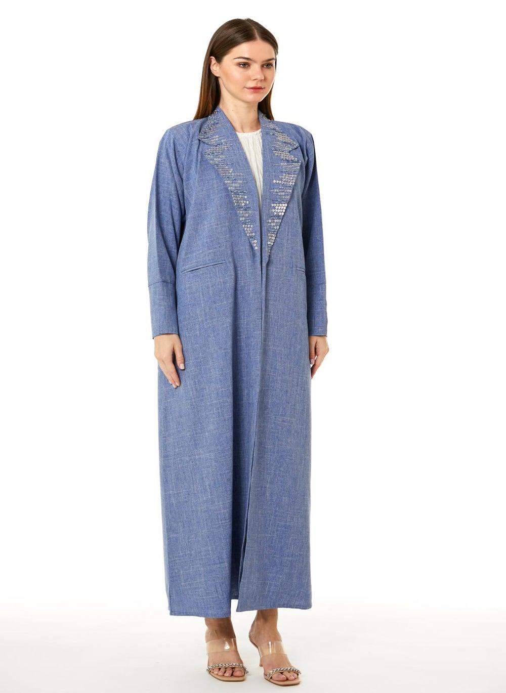 Blue Melange Hand Embellished Abaya with Matching Scarf - Image 1