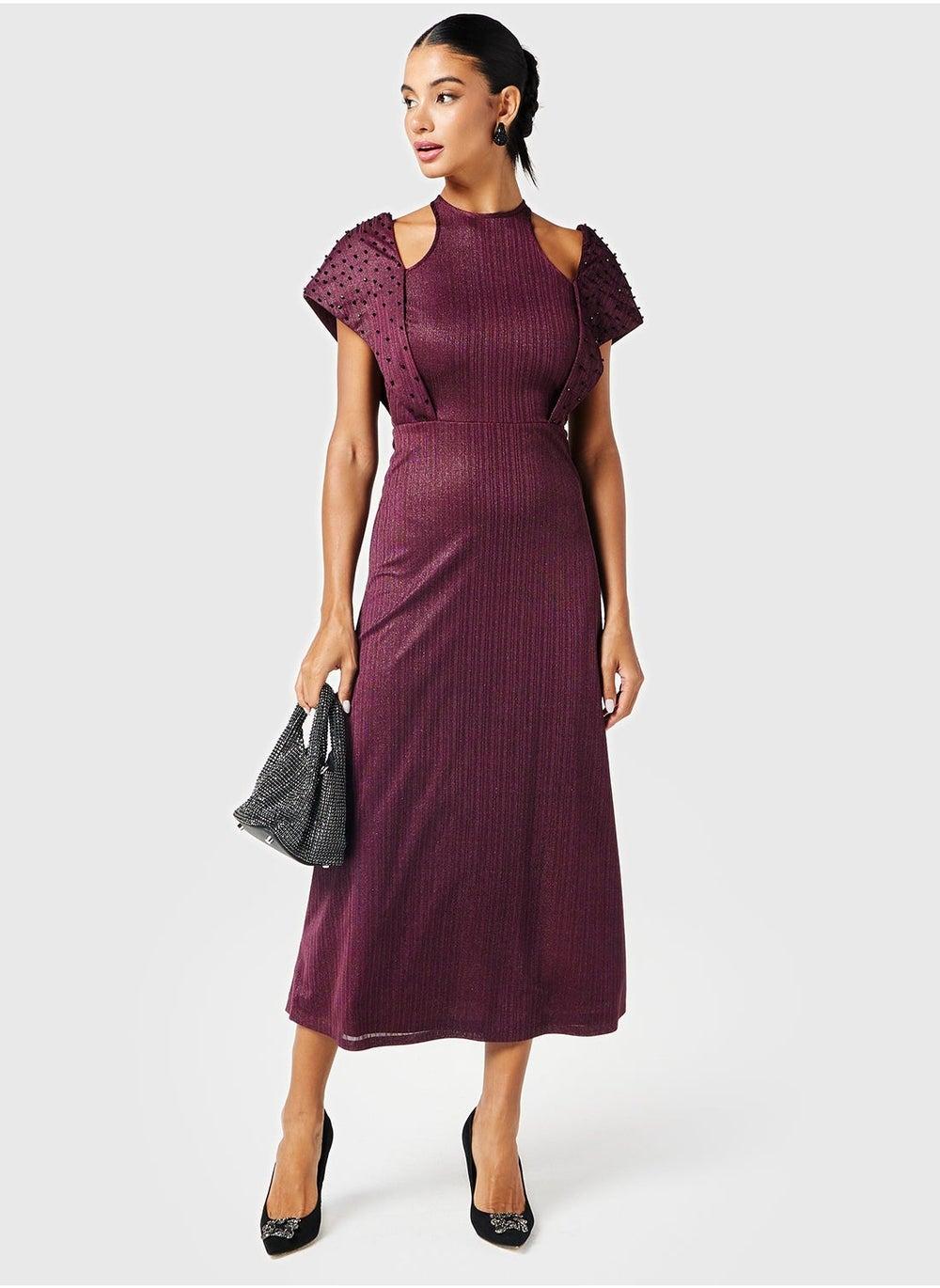 Embellished Plum High-Neck Fitted Dress - Image 1