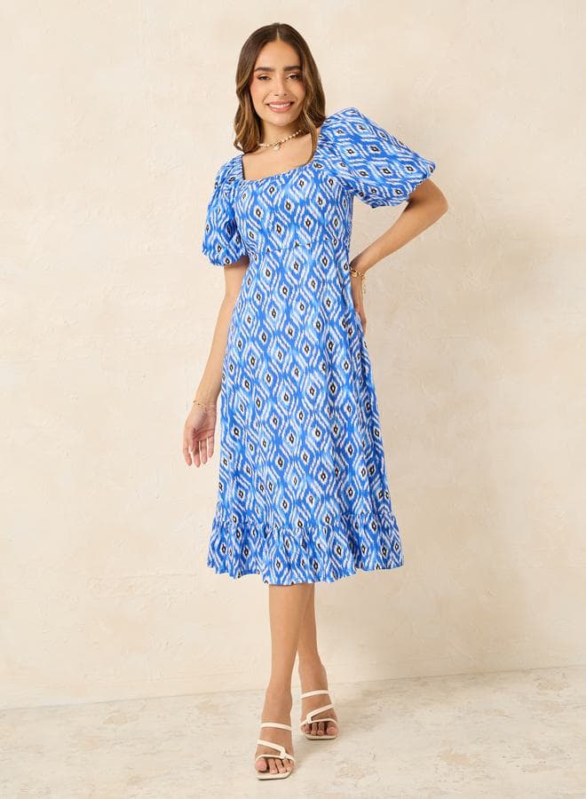 Styli Ikat Print Square Neck Midi Dress - Image 1