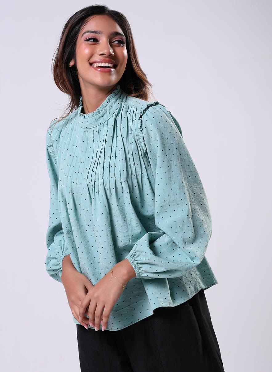 Pintuck Detailed Polka Dot Green Top - Image 1