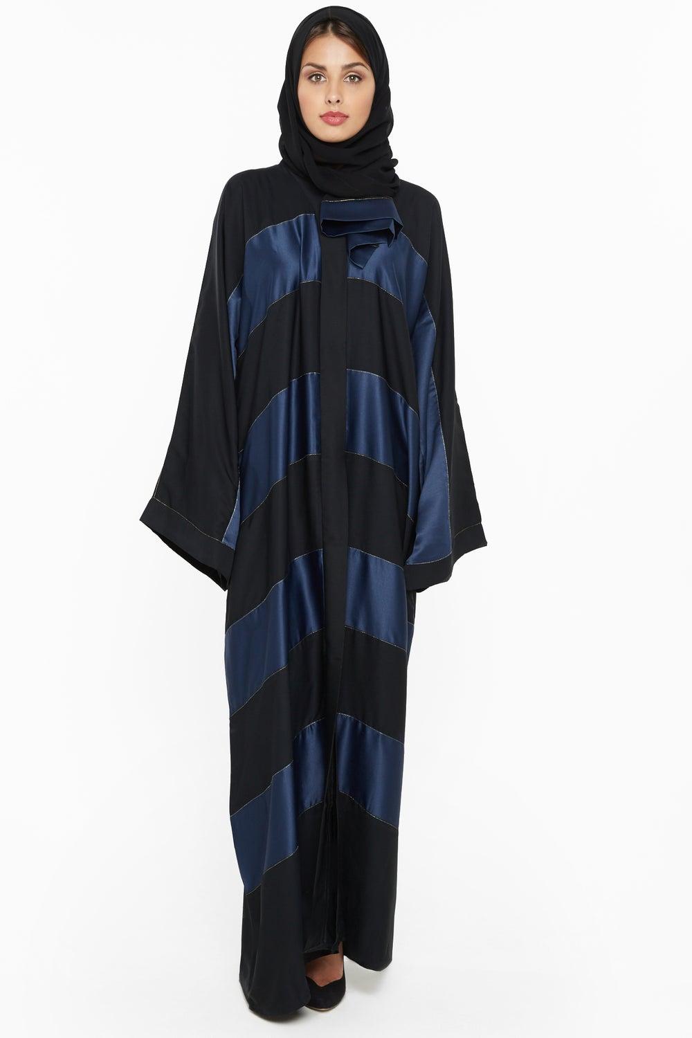 Navy Blue Silk Stripe Abaya with Gold Thread AJ544A - Image 1