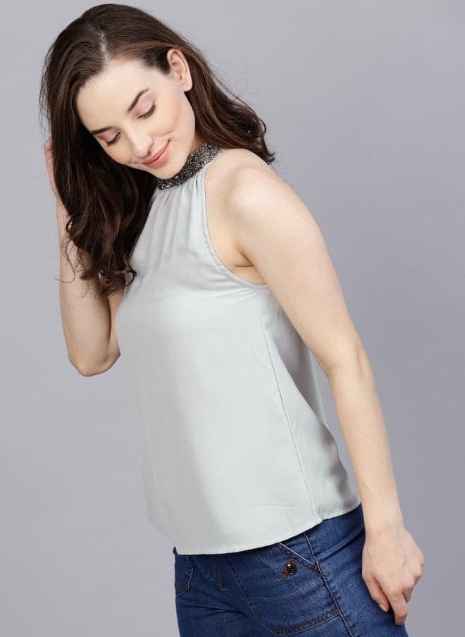 Grey A-Line Sleeveless Top with Embellished Neck - Image 1