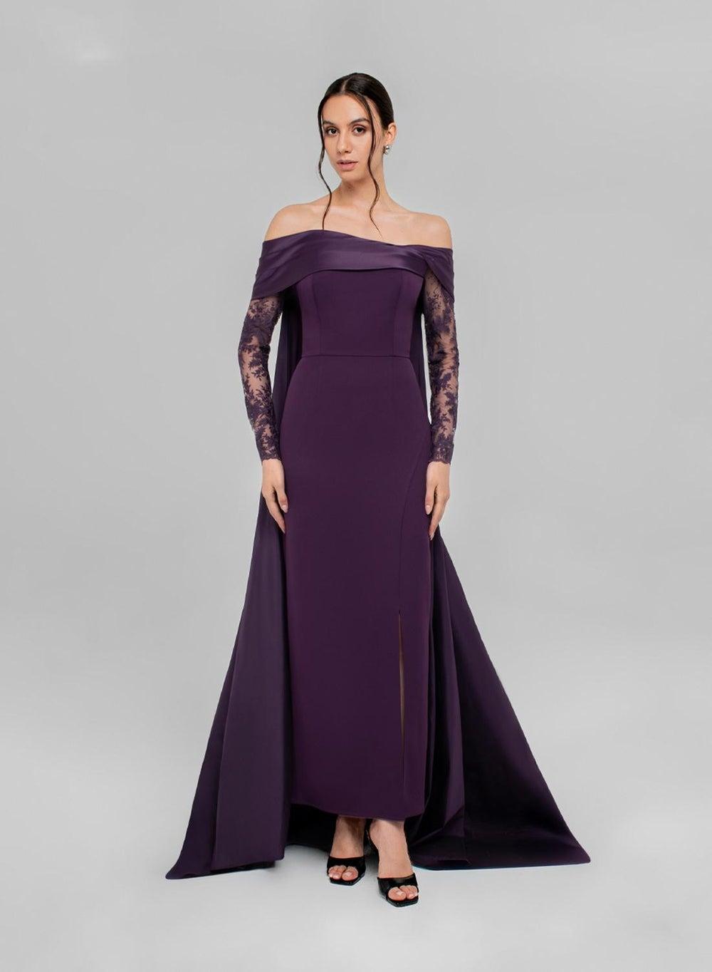 Layali Off-Shoulder Dress with Embellished Tulle Sleeves - Image 1