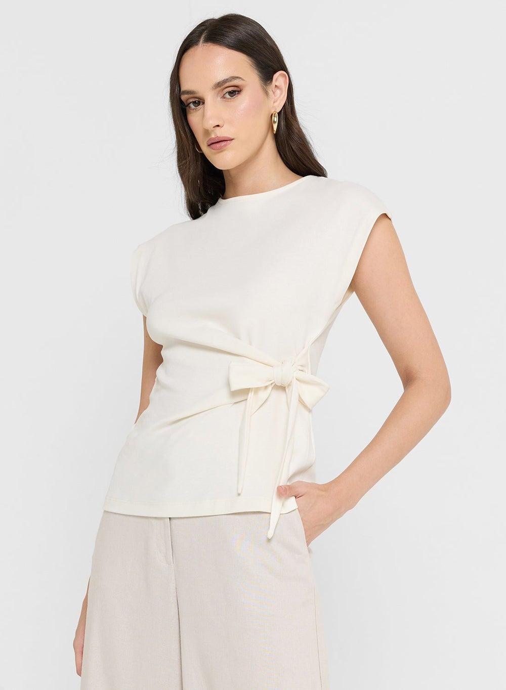 Tie Waist Detail Cap Sleeve Cotton Wrap Top - Image 1