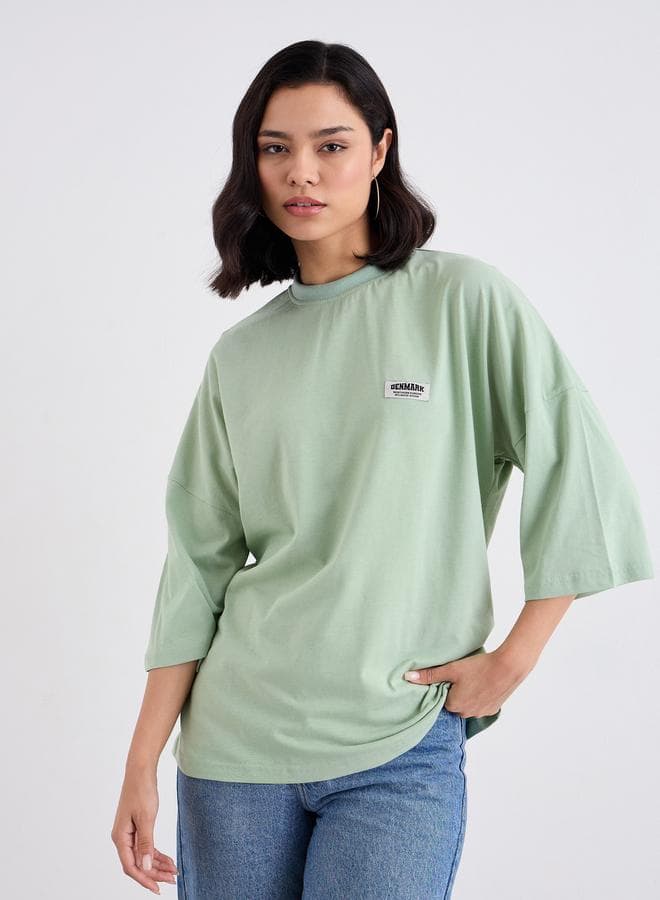 Green Oversized 100% Cotton T-Shirt with Badge Detail - Image 1